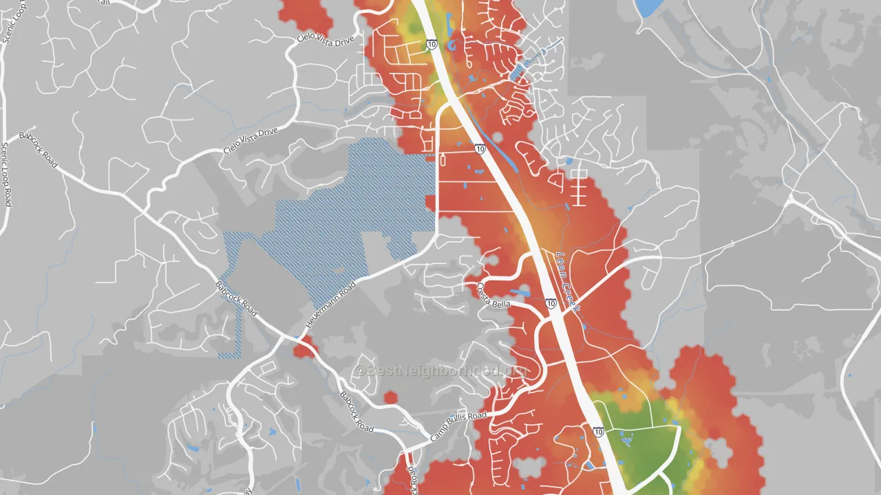 Walk Grade map of Friends of Friedrich Wilderness Park, San Antonio, TX, walkable areas in green and car-dependent areas in red
