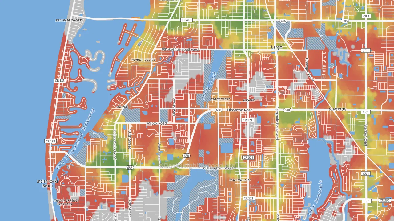 Walk Grade map of Friends of Ridgecrest, Largo, FL, walkable areas in green and car-dependent areas in red