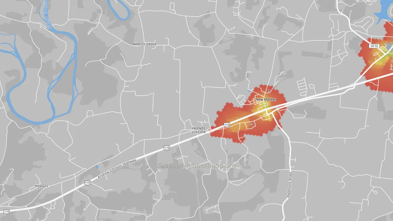 Walk Grade map of Friends Station, TN, walkable areas in green and car-dependent areas in red