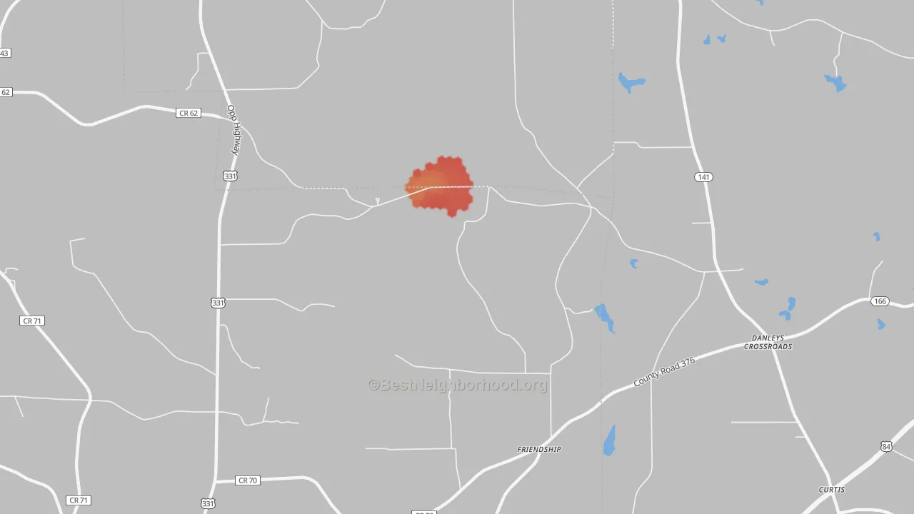 Walk Grade map of Friendship, AL, walkable areas in green and car-dependent areas in red