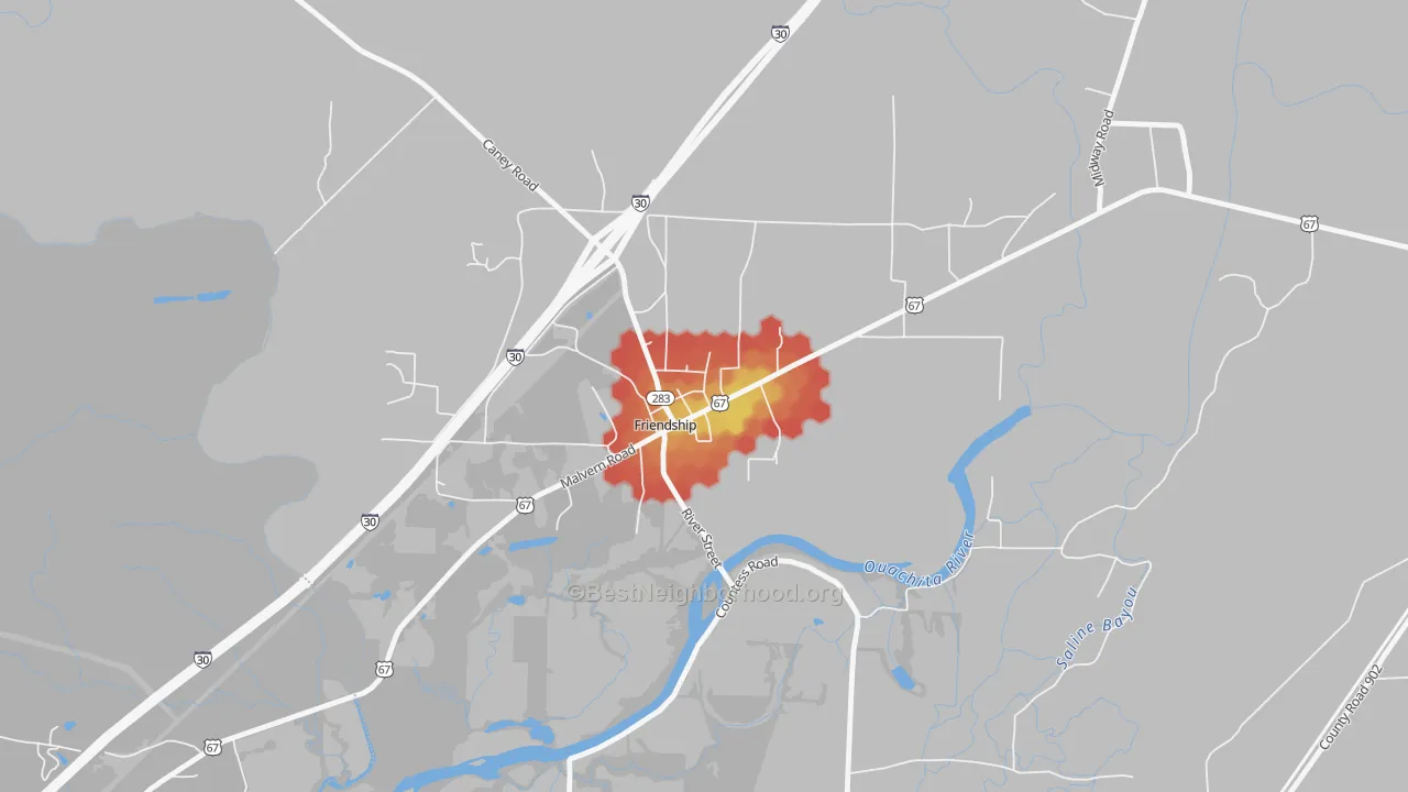 Walk Grade map of Friendship, AR, walkable areas in green and car-dependent areas in red