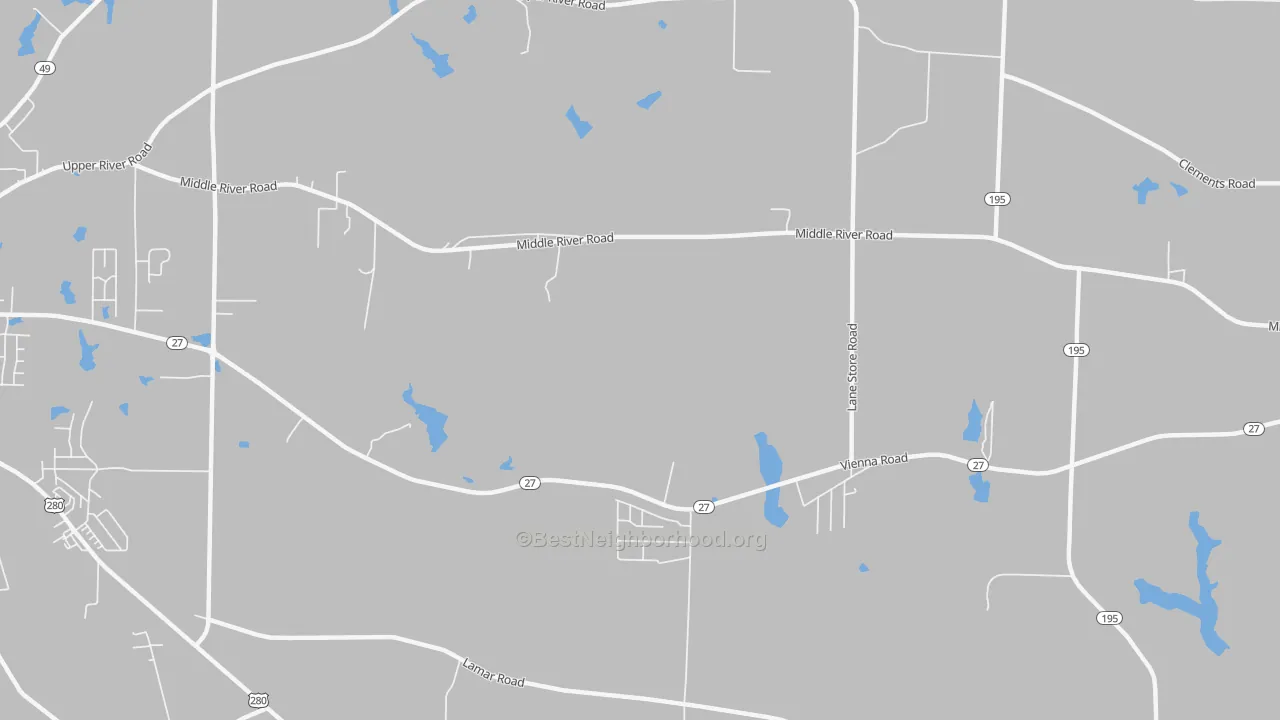 Walk Grade map of Friendship, GA, walkable areas in green and car-dependent areas in red