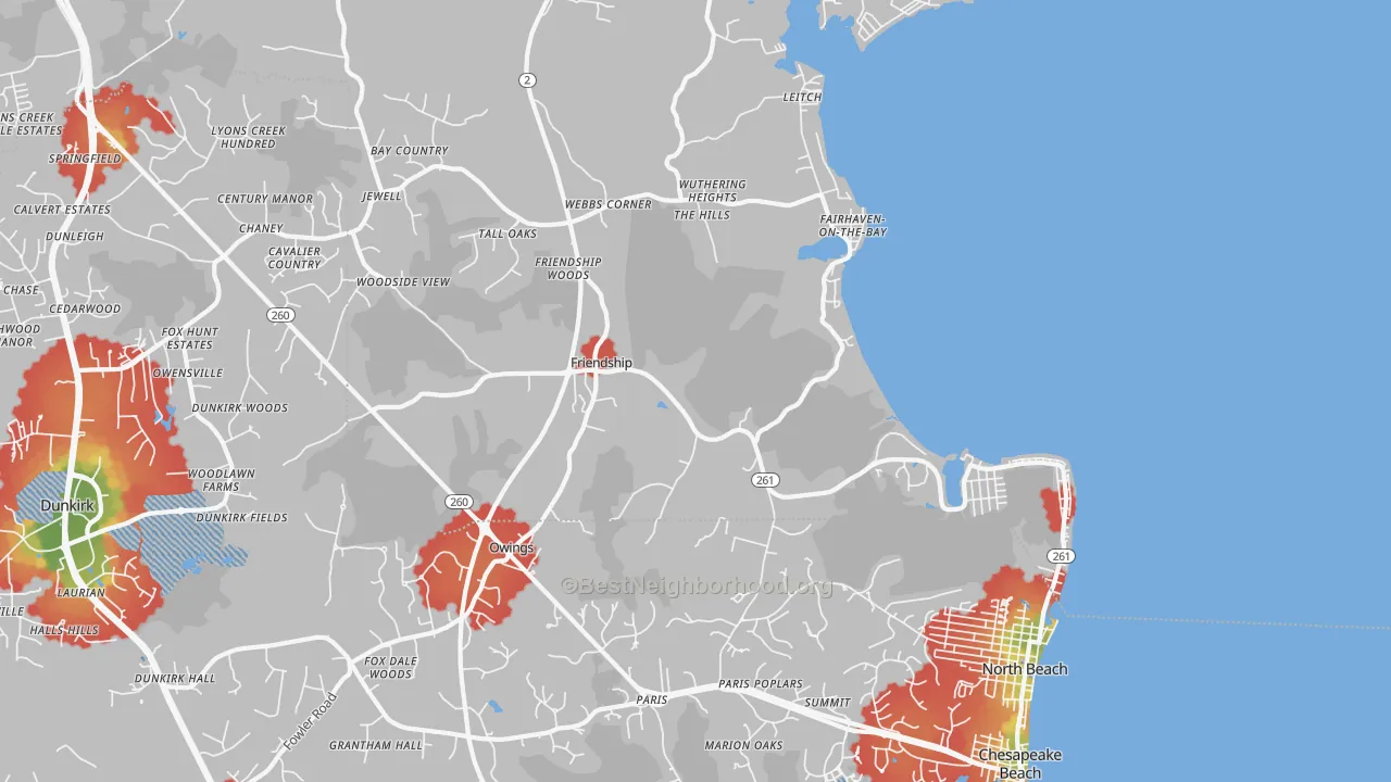 Walk Grade map of Friendship, MD, walkable areas in green and car-dependent areas in red