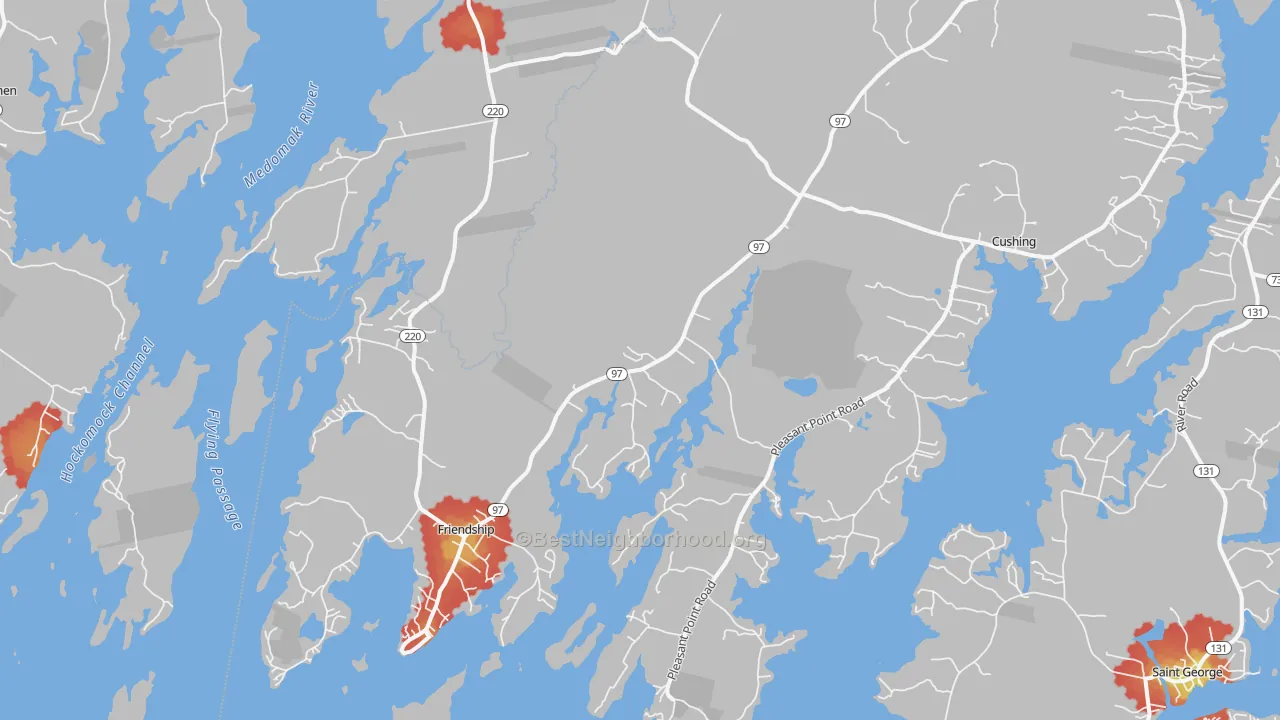 Walk Grade map of Friendship, ME, walkable areas in green and car-dependent areas in red