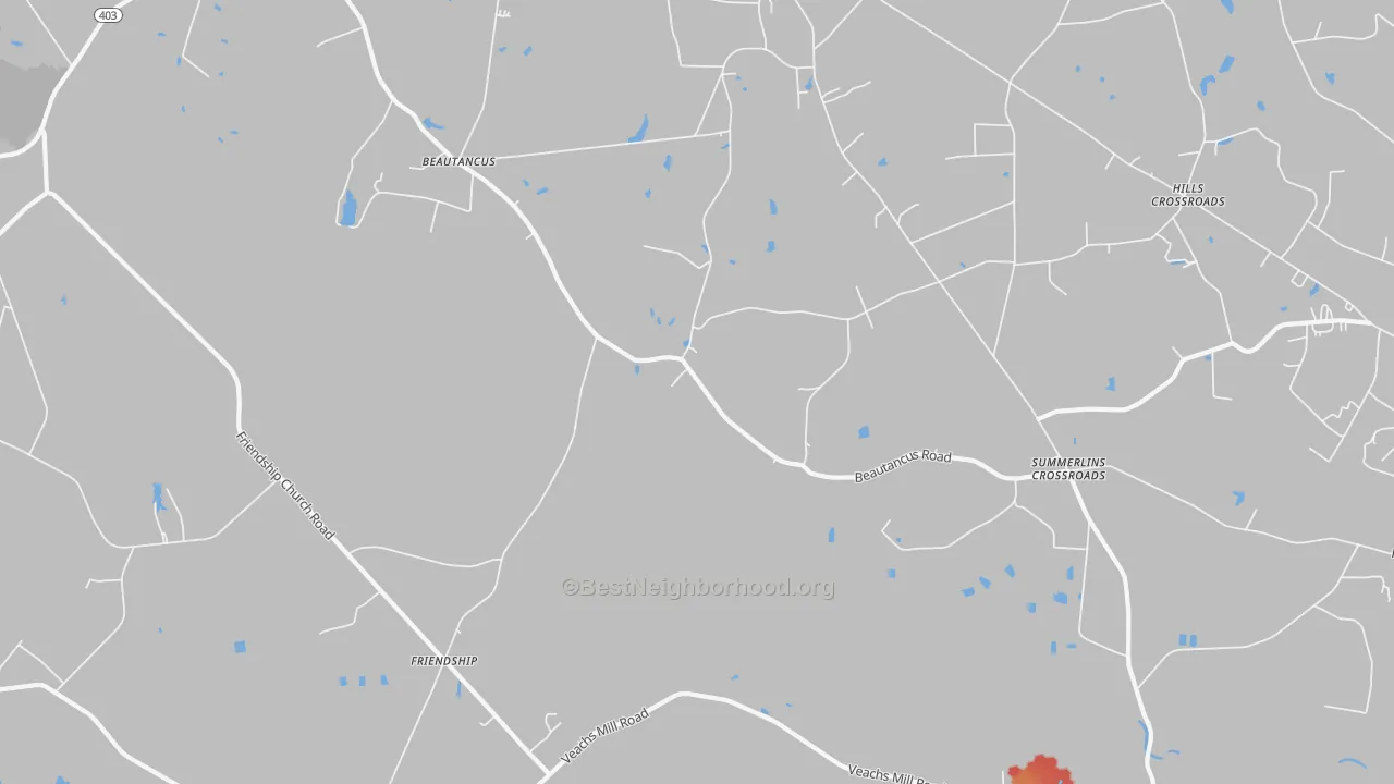 Walk Grade map of Friendship, NC, walkable areas in green and car-dependent areas in red