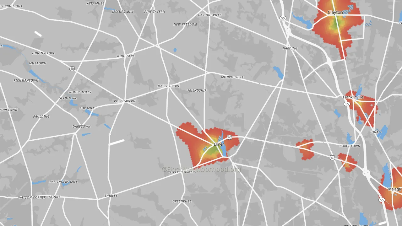 Walk Grade map of Friendship, NJ, walkable areas in green and car-dependent areas in red