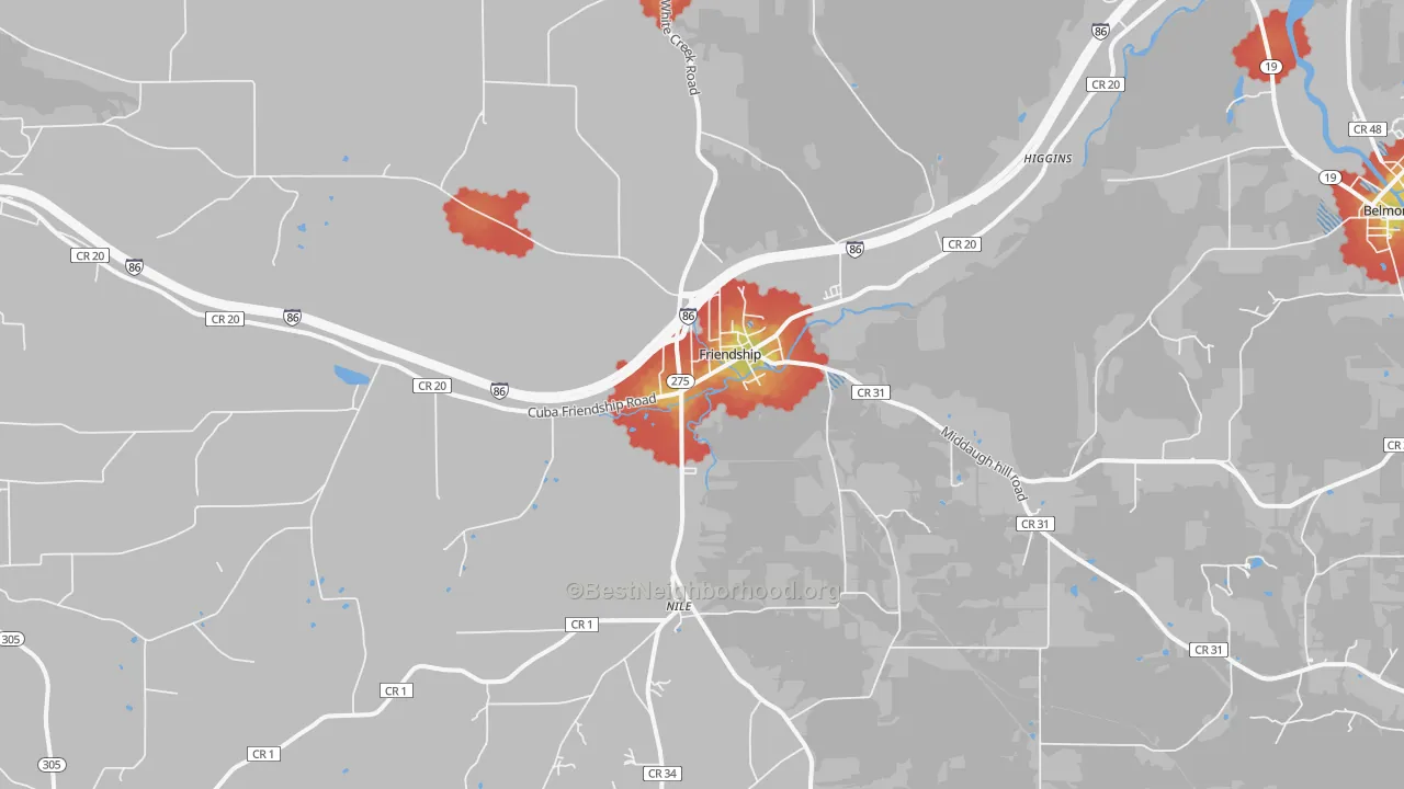 Walk Grade map of Friendship, NY, walkable areas in green and car-dependent areas in red
