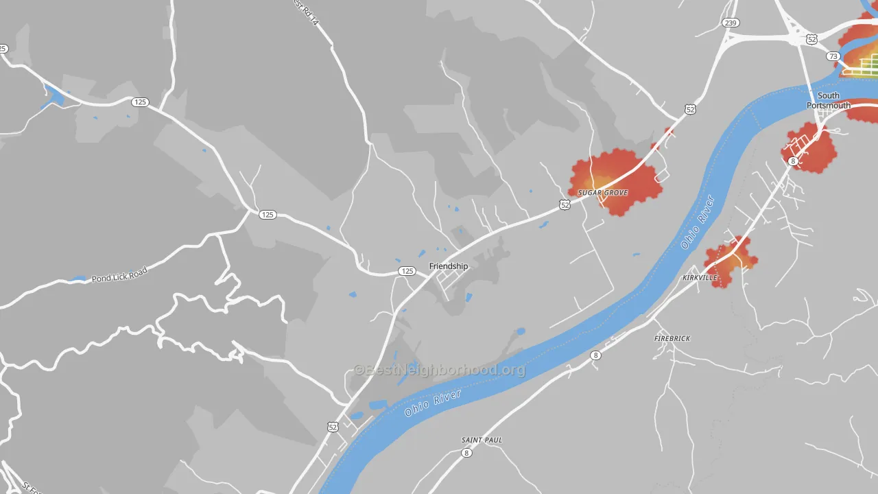Walk Grade map of Friendship, OH, walkable areas in green and car-dependent areas in red