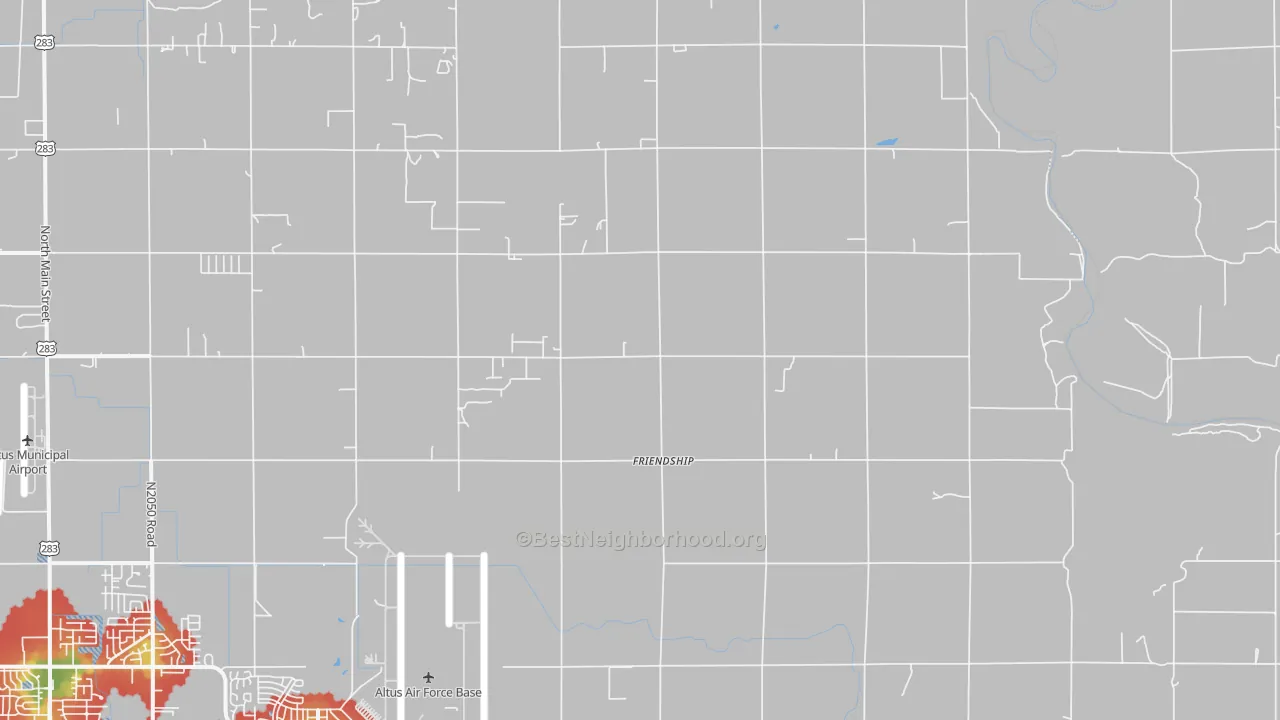 Walk Grade map of Friendship, OK, walkable areas in green and car-dependent areas in red