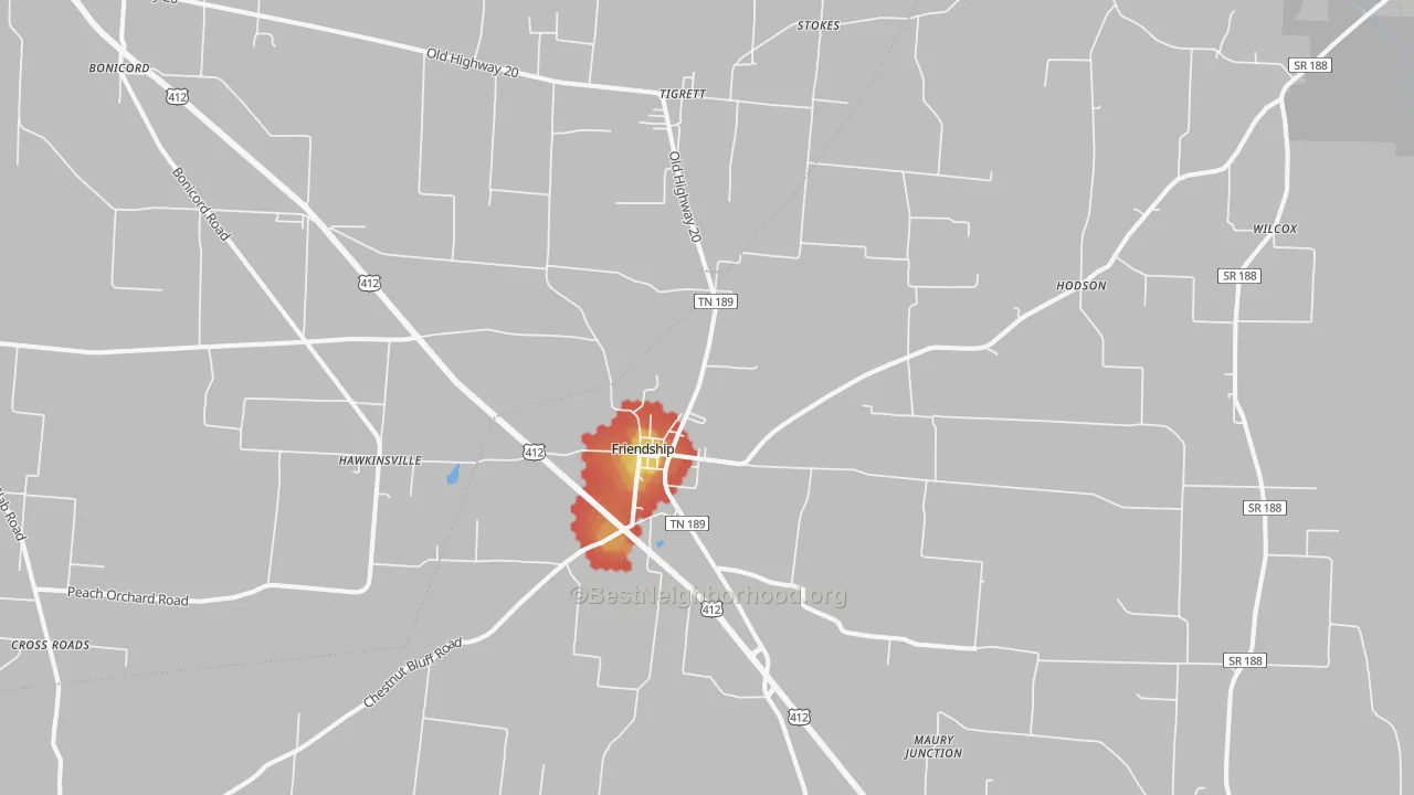 Walk Grade map of Friendship, TN, walkable areas in green and car-dependent areas in red