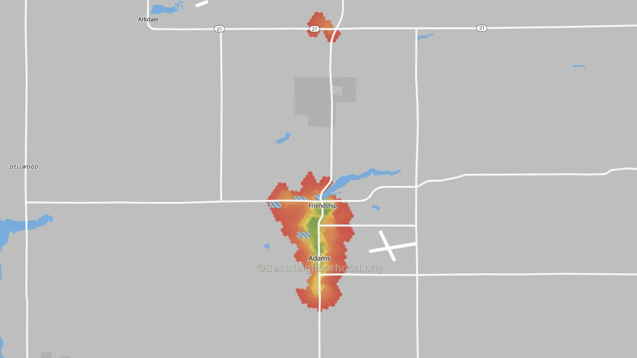 Walk Grade map of Friendship, WI, walkable areas in green and car-dependent areas in red