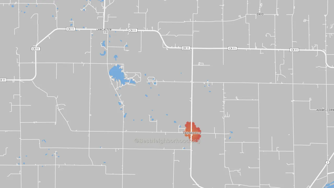 Walk Grade map of Friendsville, IL, walkable areas in green and car-dependent areas in red