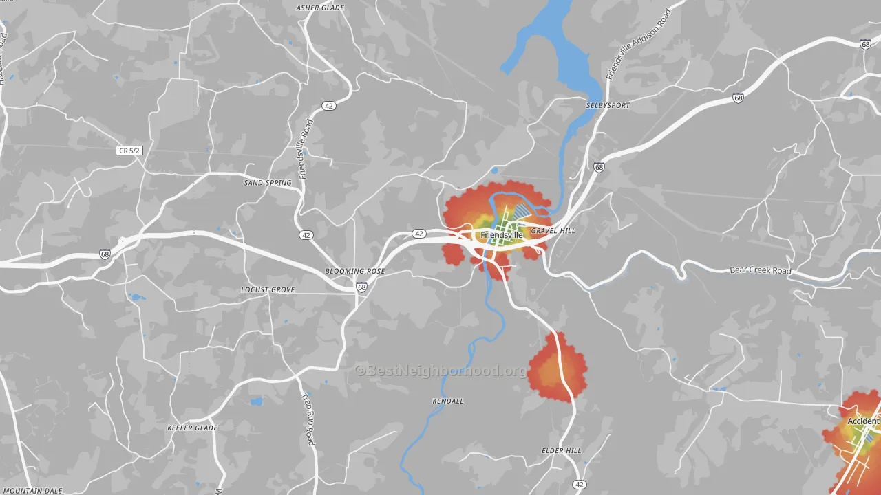Walk Grade map of Friendsville, MD, walkable areas in green and car-dependent areas in red