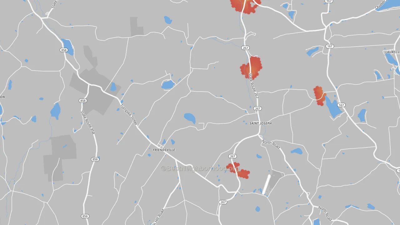 Walk Grade map of Friendsville, PA, walkable areas in green and car-dependent areas in red
