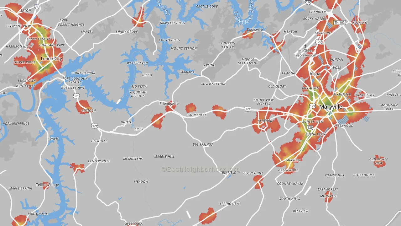 Walk Grade map of Friendsville, TN, walkable areas in green and car-dependent areas in red