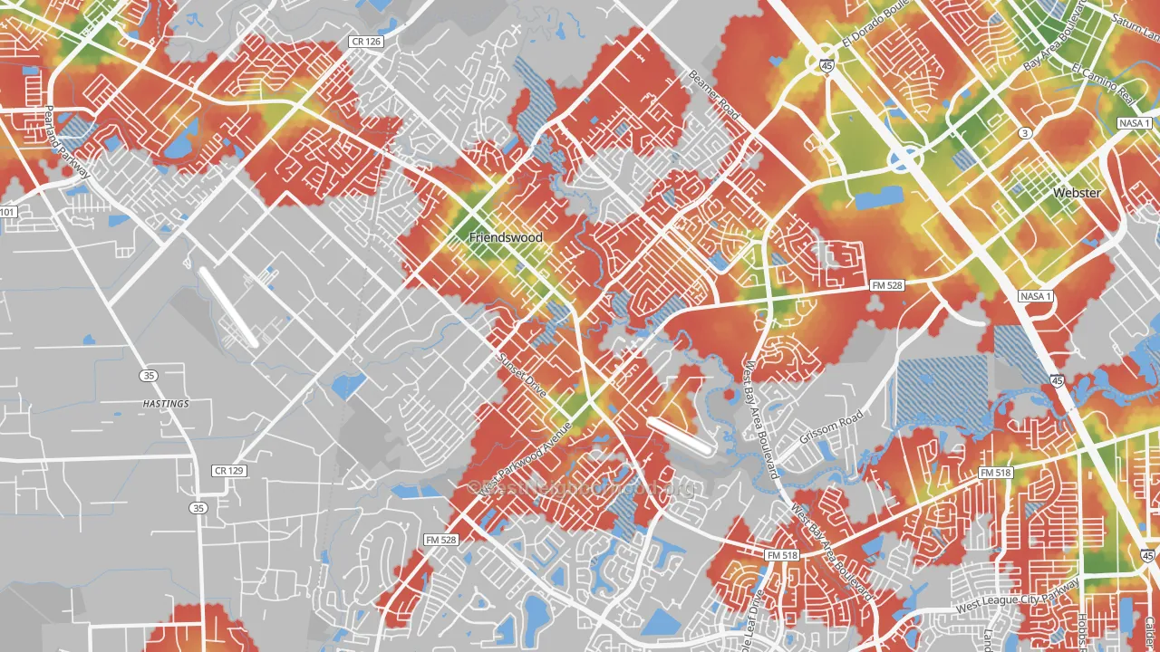 Walk Grade map of Friendswood, TX, walkable areas in green and car-dependent areas in red