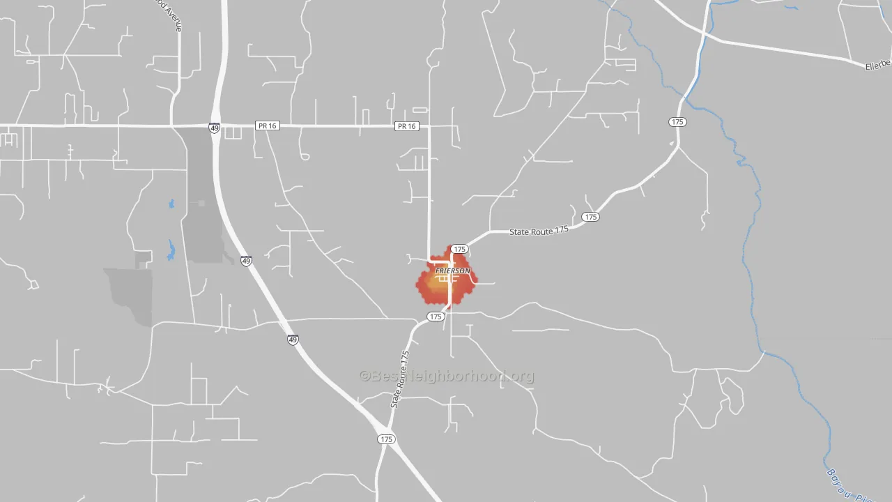 Walk Grade map of Frierson, LA, walkable areas in green and car-dependent areas in red
