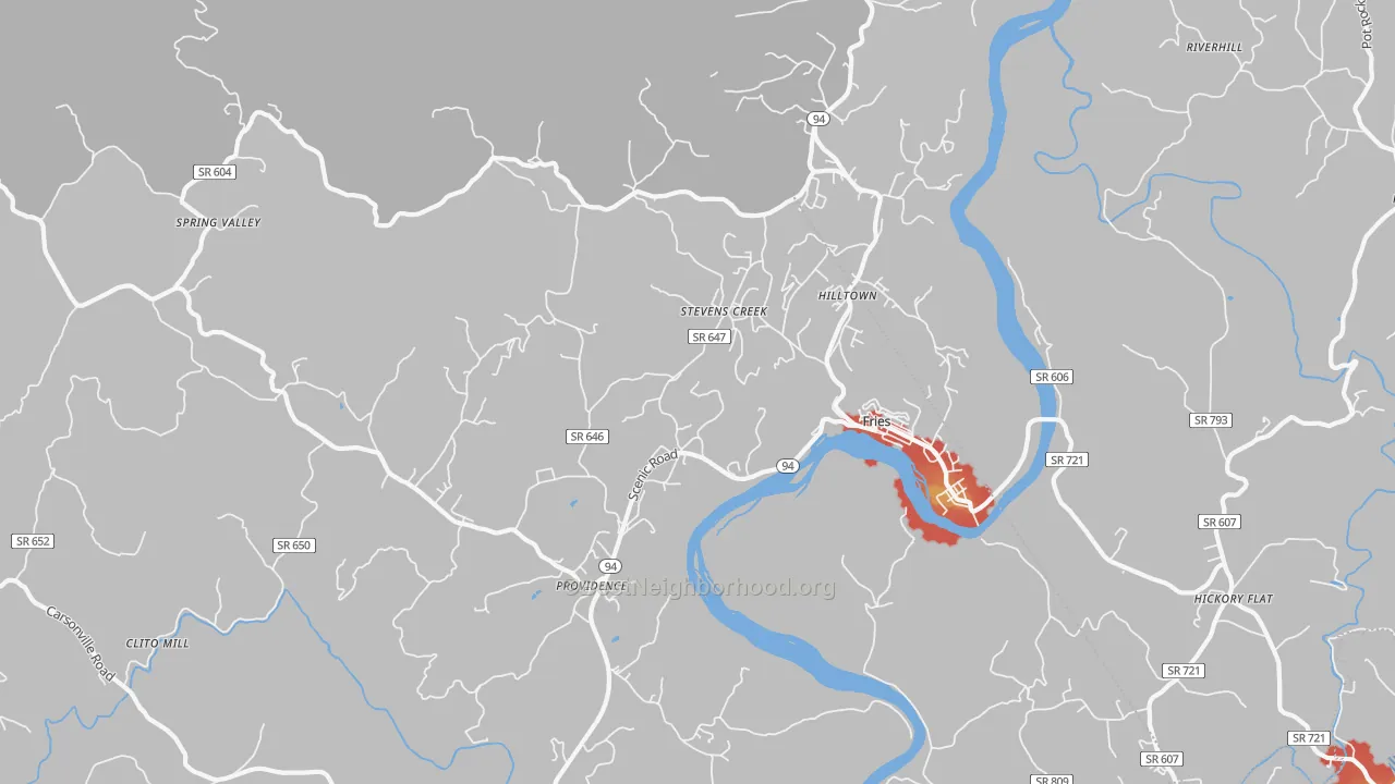 Walk Grade map of Fries, VA, walkable areas in green and car-dependent areas in red
