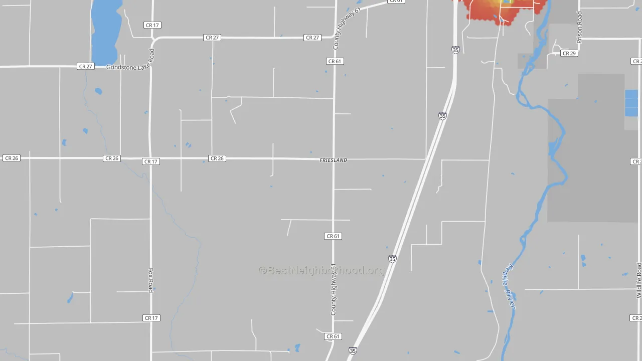 Walk Grade map of Friesland, MN, walkable areas in green and car-dependent areas in red