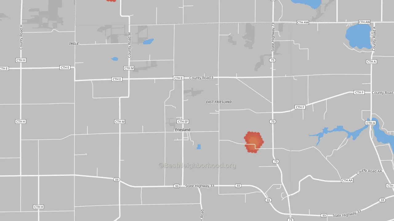 Walk Grade map of Friesland, WI, walkable areas in green and car-dependent areas in red