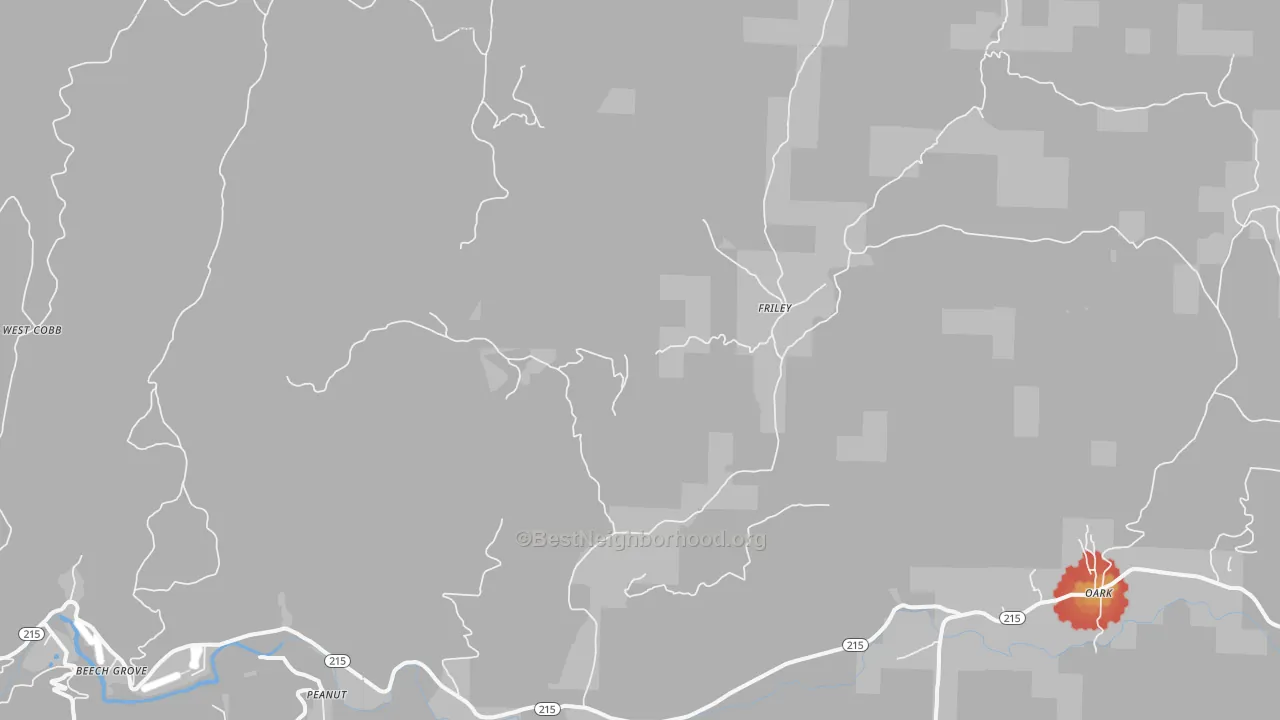 Walk Grade map of Friley, AR, walkable areas in green and car-dependent areas in red