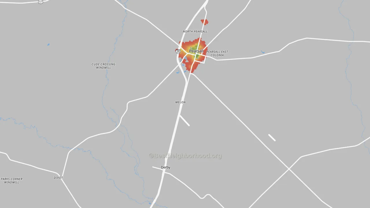 Walk Grade map of Frio County, TX, walkable areas in green and car-dependent areas in red