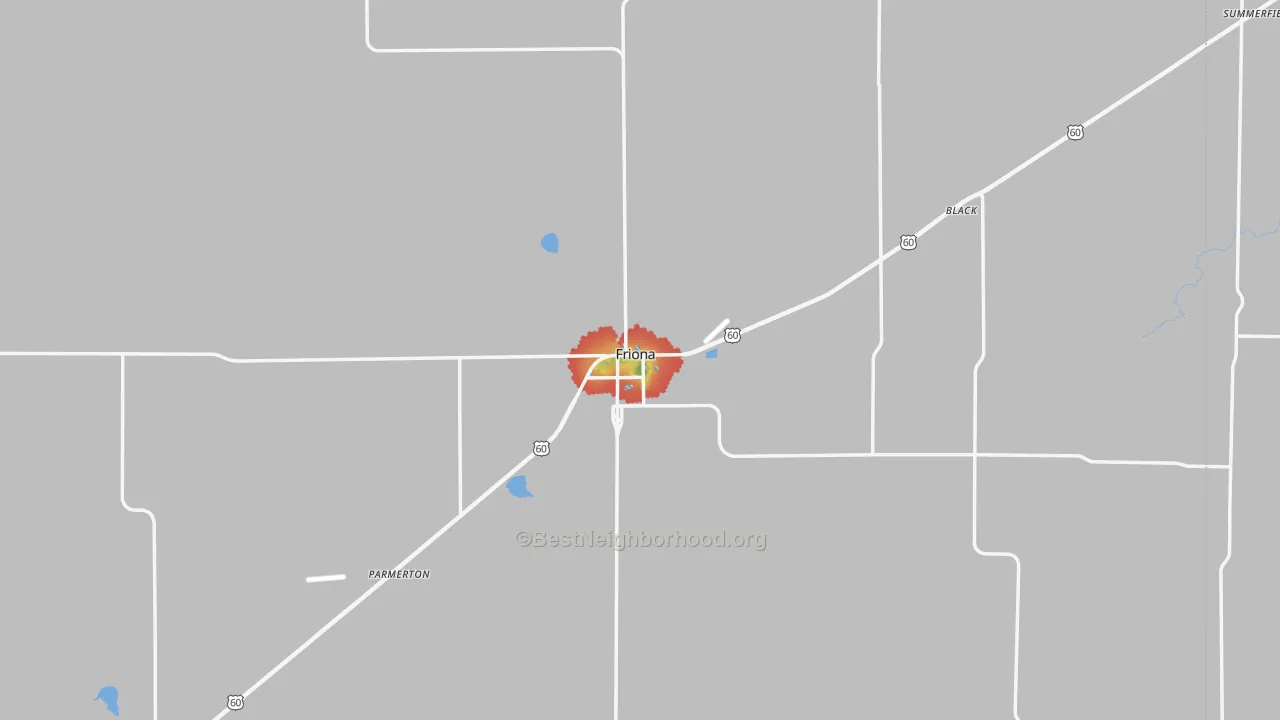 Walk Grade map of Friona, TX, walkable areas in green and car-dependent areas in red