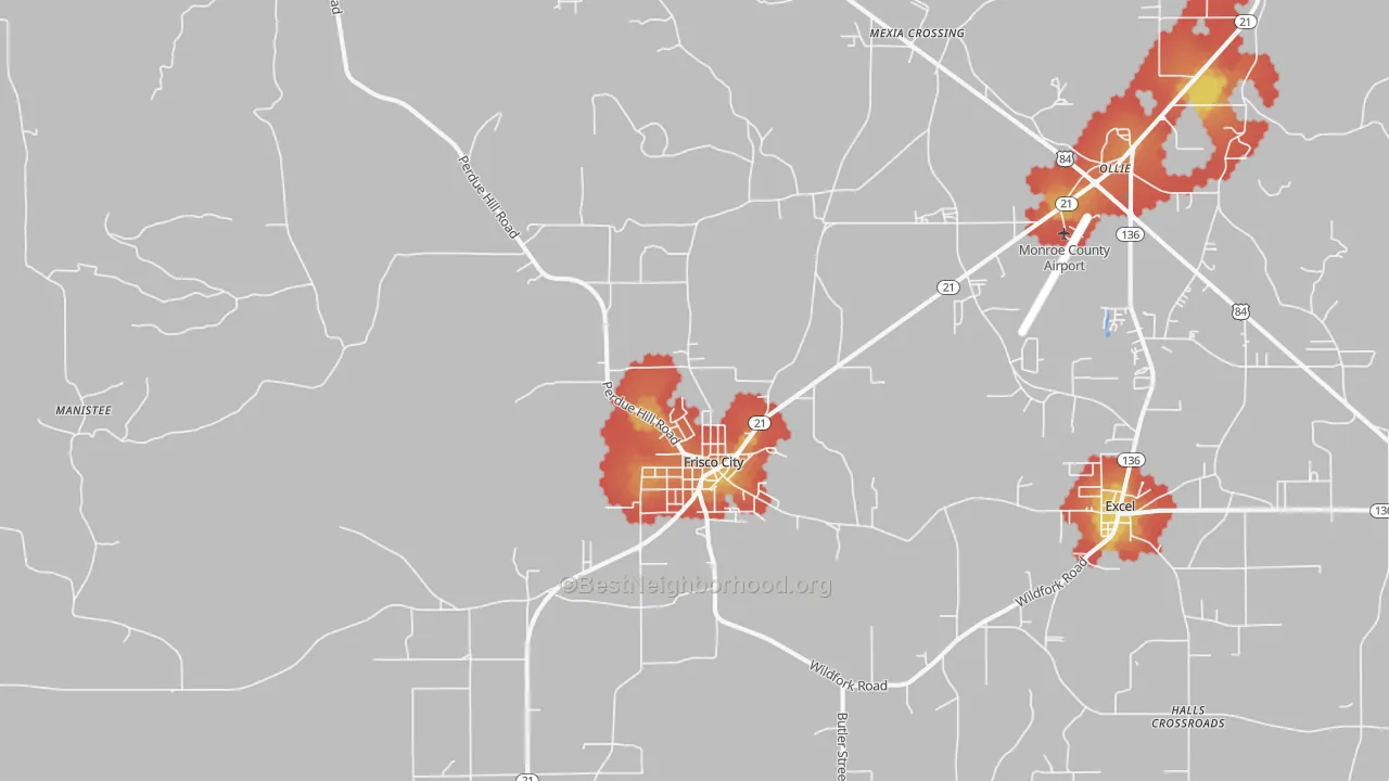 Walk Grade map of Frisco City, AL, walkable areas in green and car-dependent areas in red