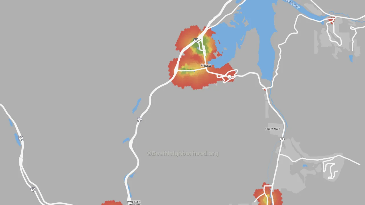 Walk Grade map of Frisco, CO, walkable areas in green and car-dependent areas in red