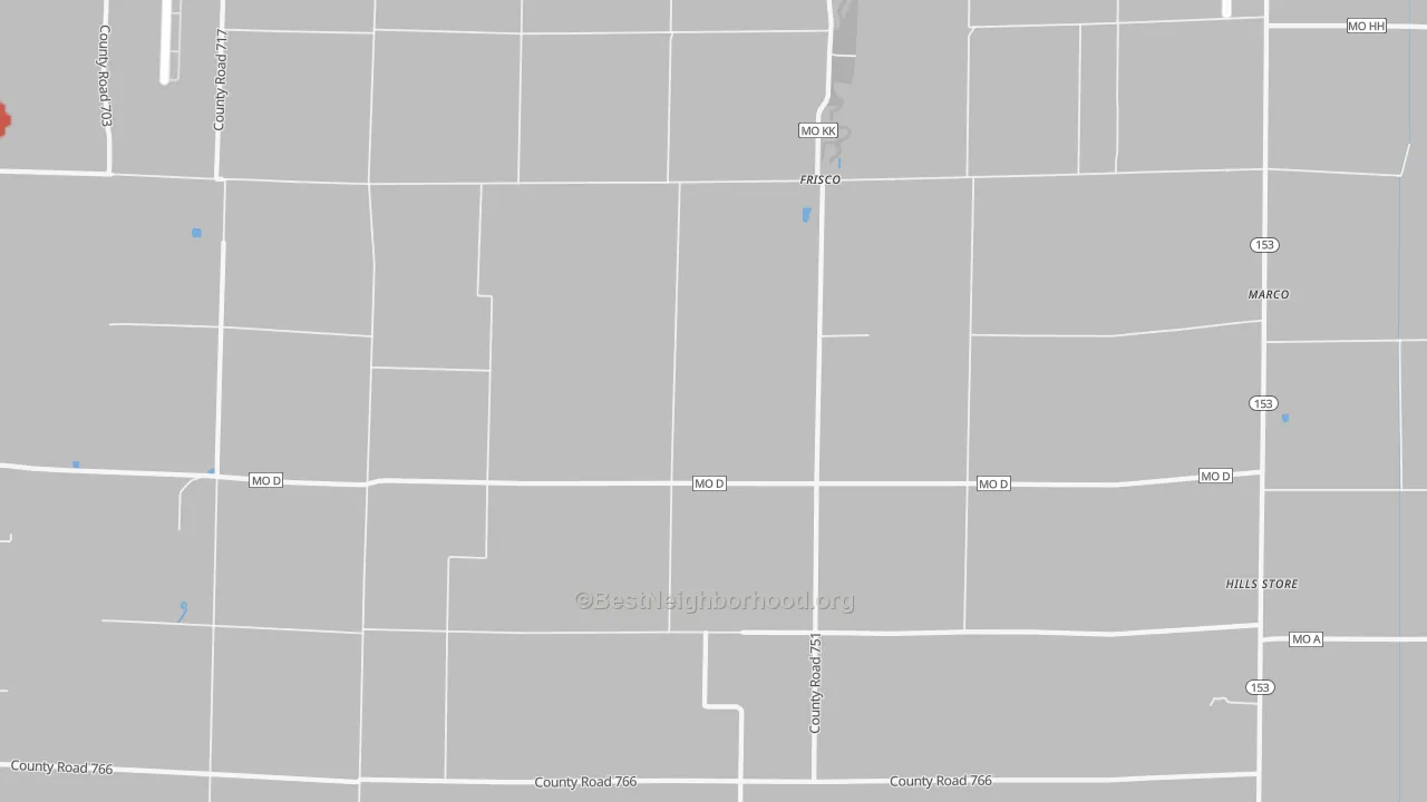 Walk Grade map of Frisco, MO, walkable areas in green and car-dependent areas in red