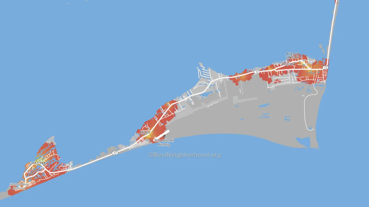 Walk Grade map of Frisco, NC, walkable areas in green and car-dependent areas in red