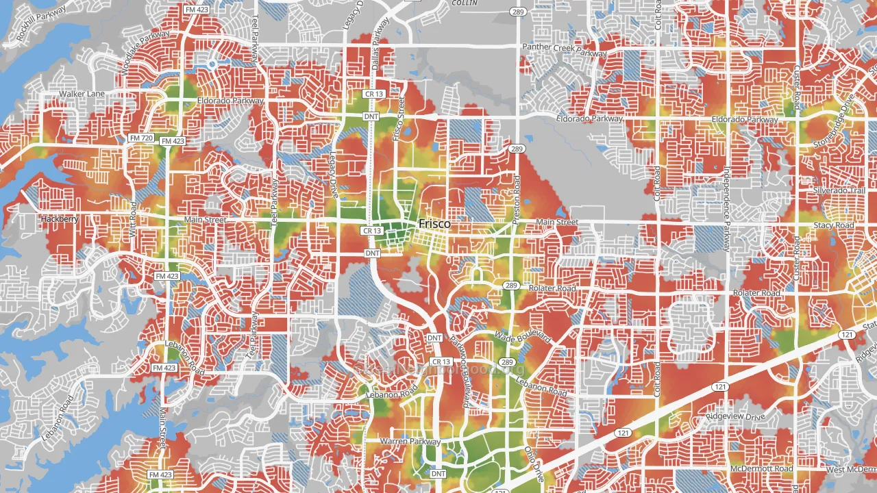 Walk Grade map of Frisco, TX, walkable areas in green and car-dependent areas in red