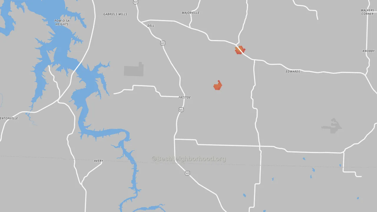Walk Grade map of Fristoe, MO, walkable areas in green and car-dependent areas in red