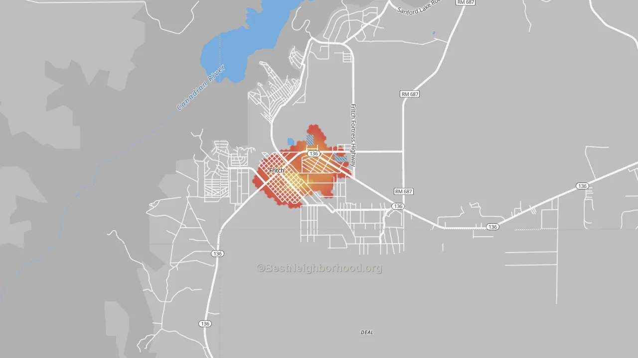 Walk Grade map of Fritch, TX, walkable areas in green and car-dependent areas in red