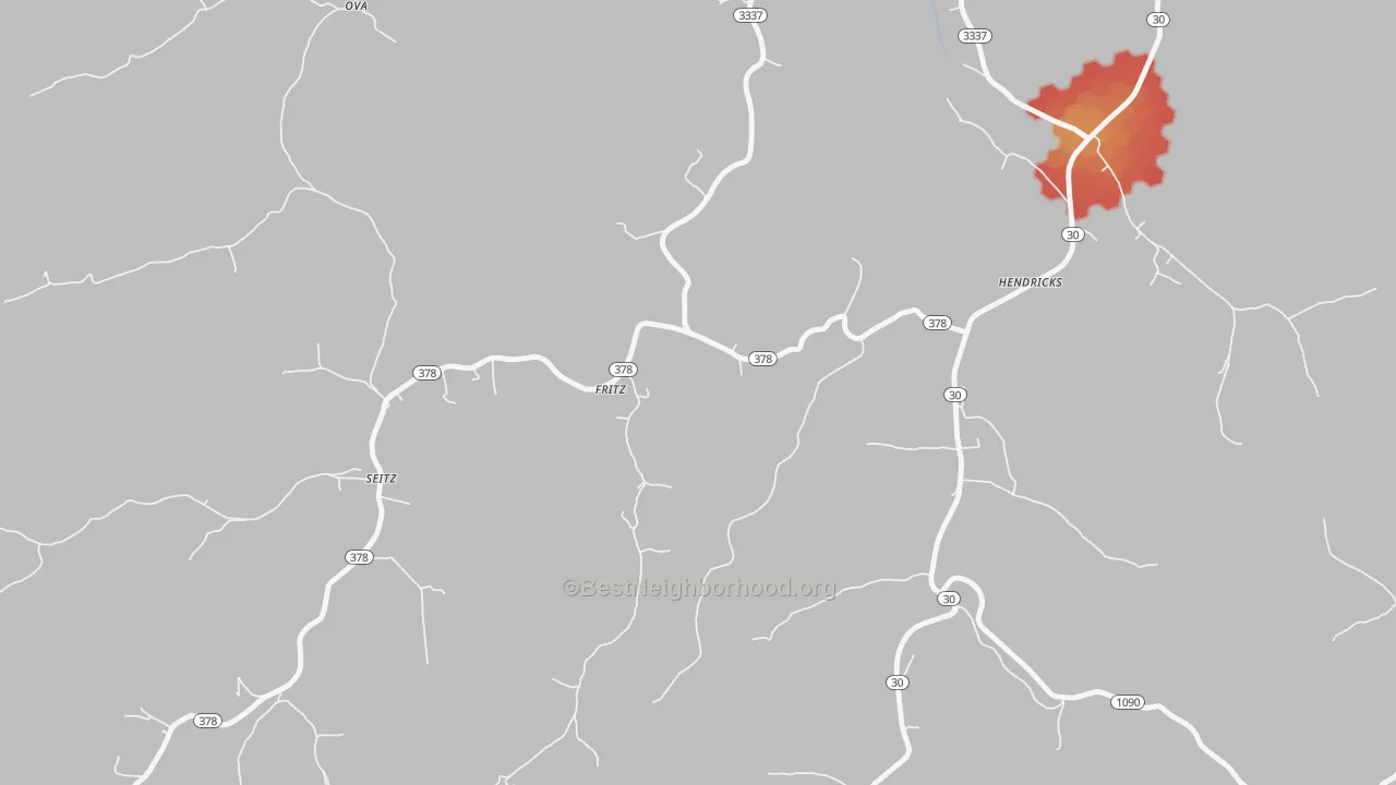 Walk Grade map of Fritz, KY, walkable areas in green and car-dependent areas in red