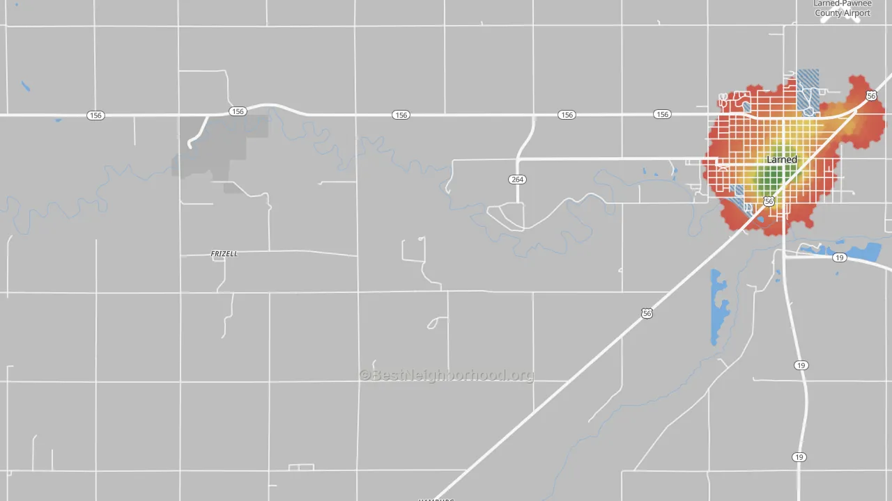 Walk Grade map of Frizell, KS, walkable areas in green and car-dependent areas in red