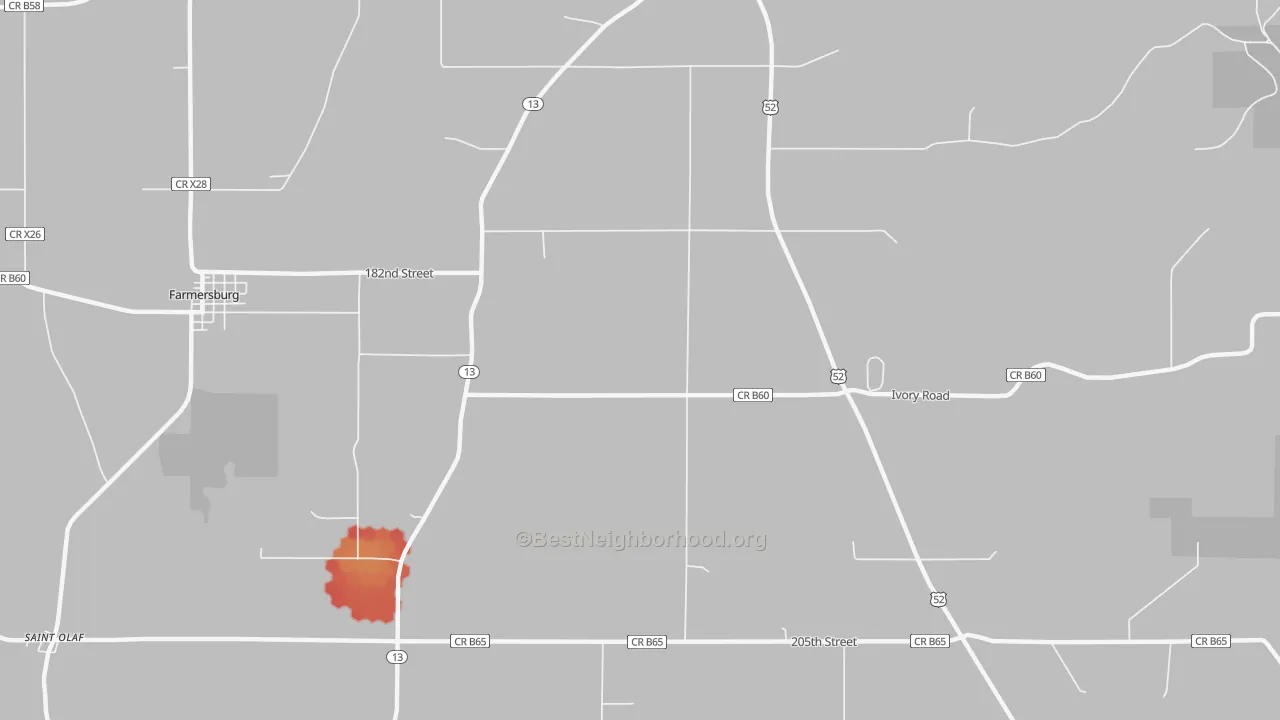 Walk Grade map of Froelich, IA, walkable areas in green and car-dependent areas in red