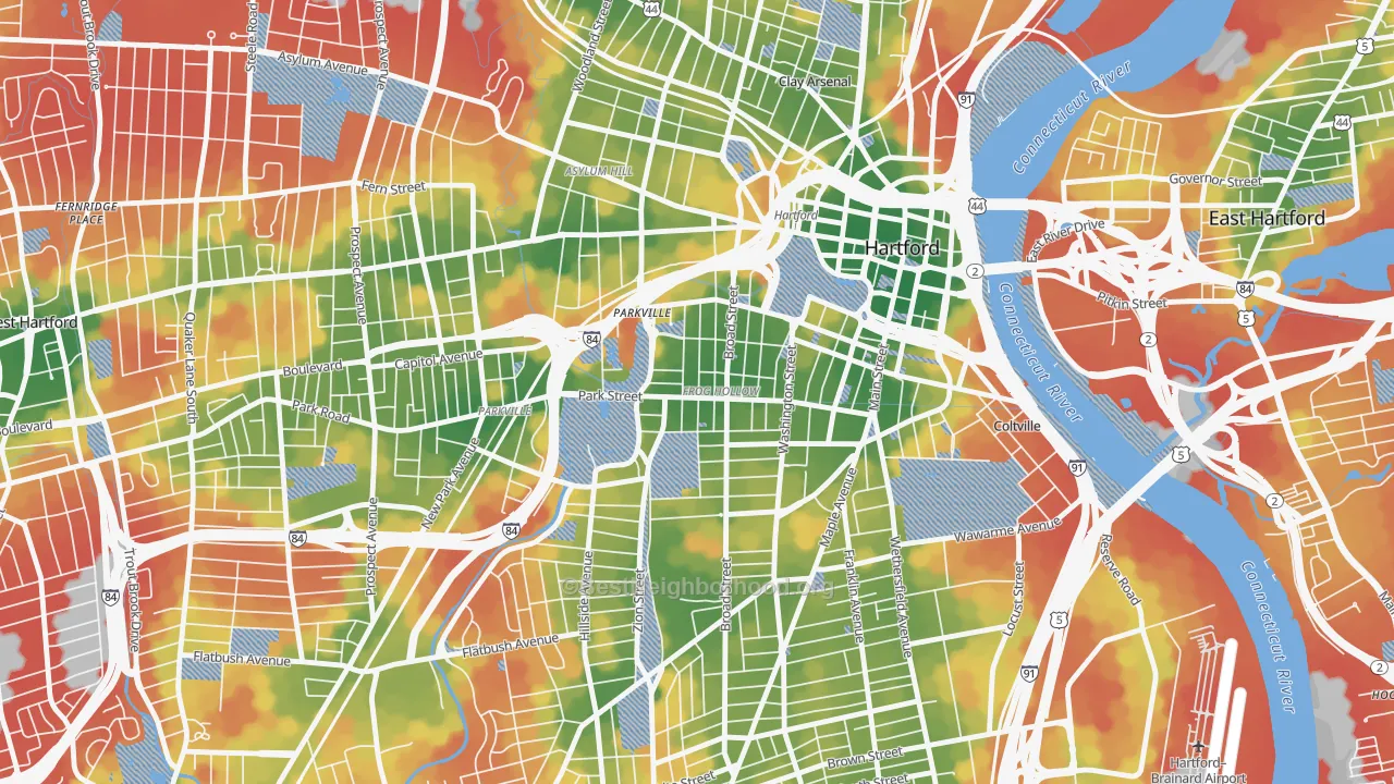 Walk Grade map of Frog Hollow, Hartford, CT, walkable areas in green and car-dependent areas in red