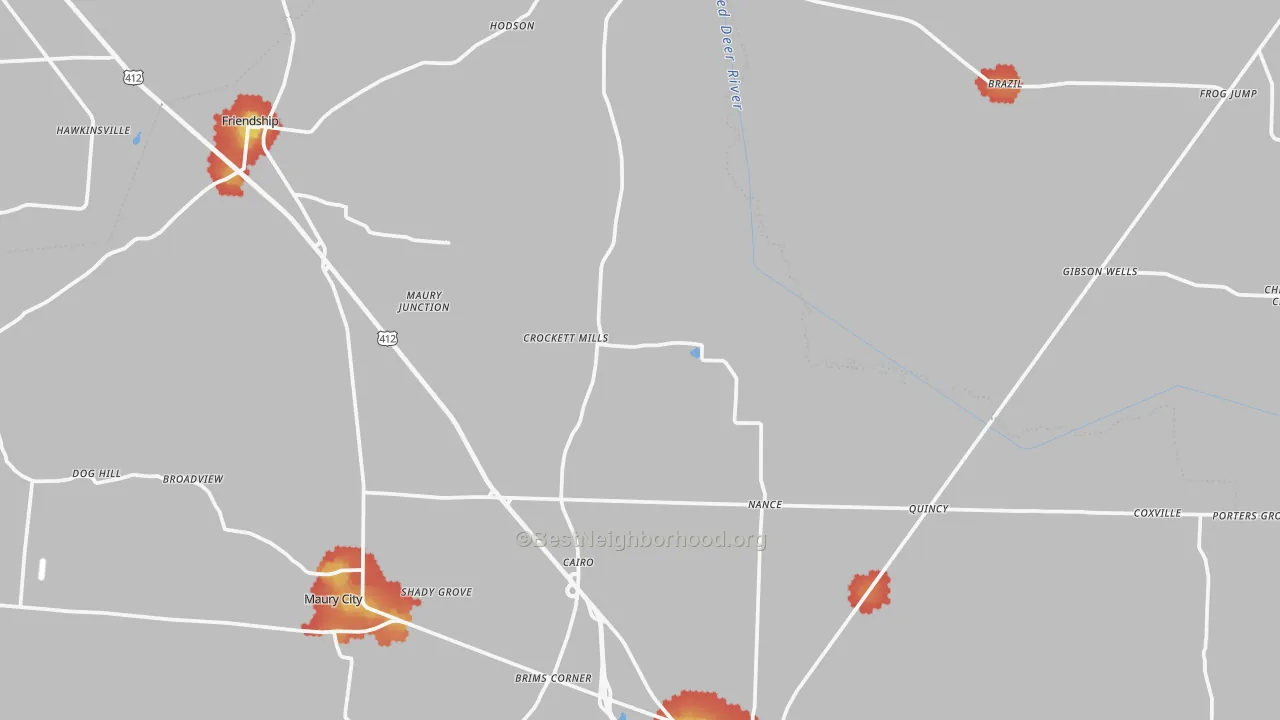 Walk Grade map of Frog Jump, TN, walkable areas in green and car-dependent areas in red