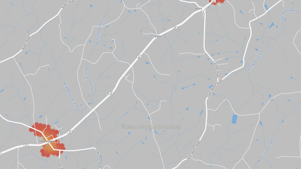 Walk Grade map of Frog Pond, NC, walkable areas in green and car-dependent areas in red