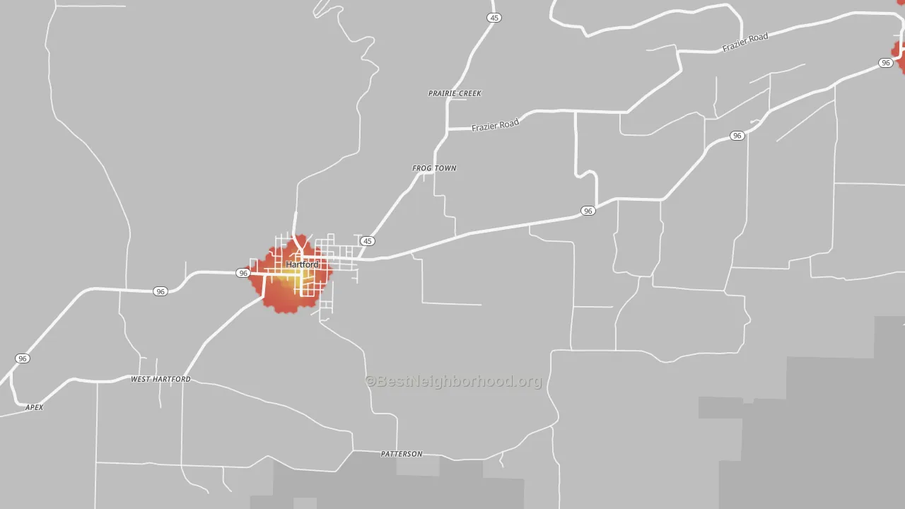 Walk Grade map of Frog Town, AR, walkable areas in green and car-dependent areas in red
