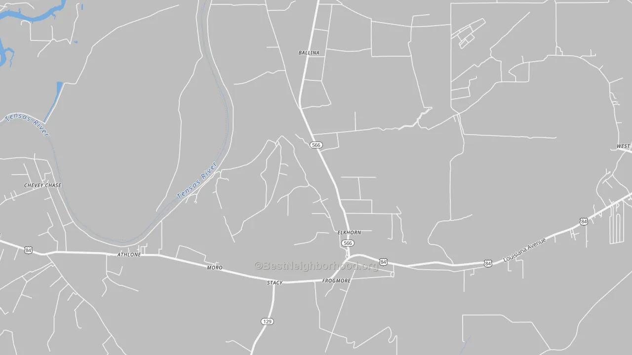 Walk Grade map of Frogmore, LA, walkable areas in green and car-dependent areas in red