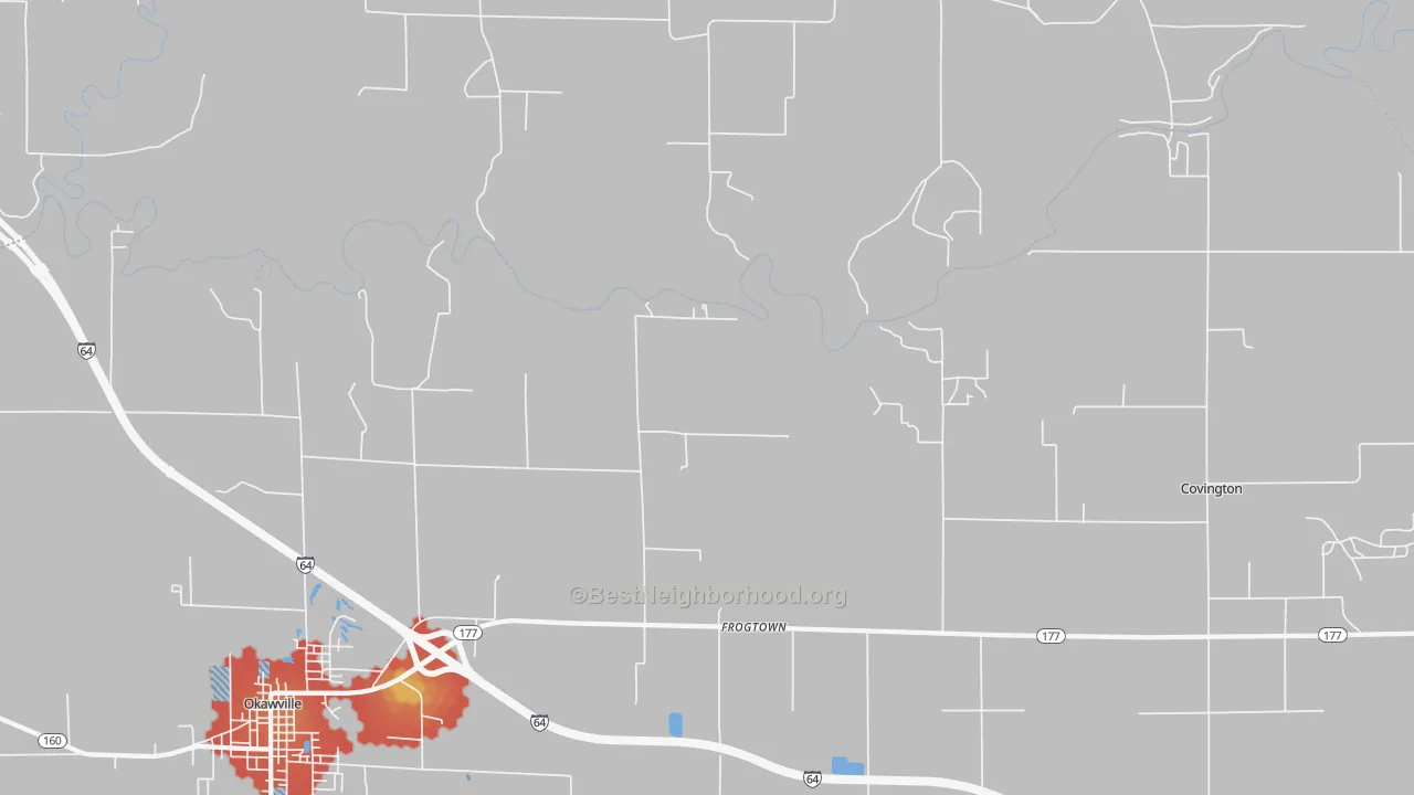 Walk Grade map of Frogtown, IL, walkable areas in green and car-dependent areas in red
