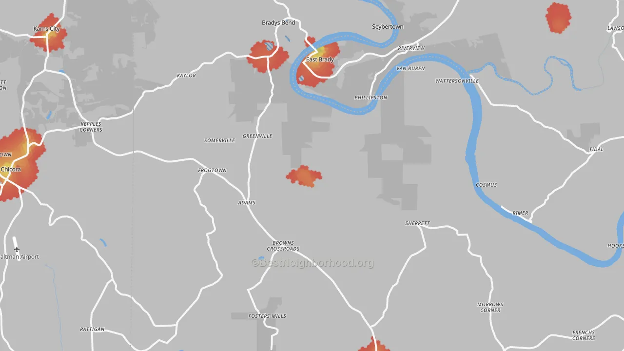 Walk Grade map of Frogtown, PA, walkable areas in green and car-dependent areas in red