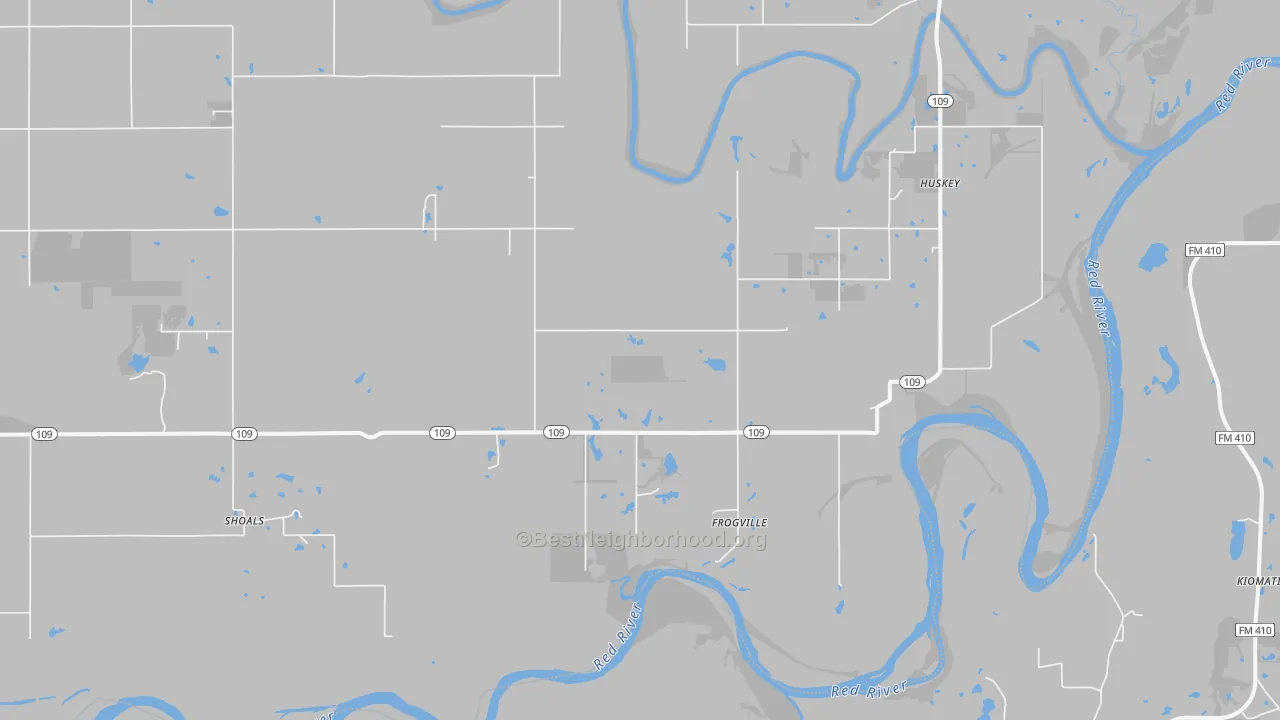 Walk Grade map of Frogville, OK, walkable areas in green and car-dependent areas in red