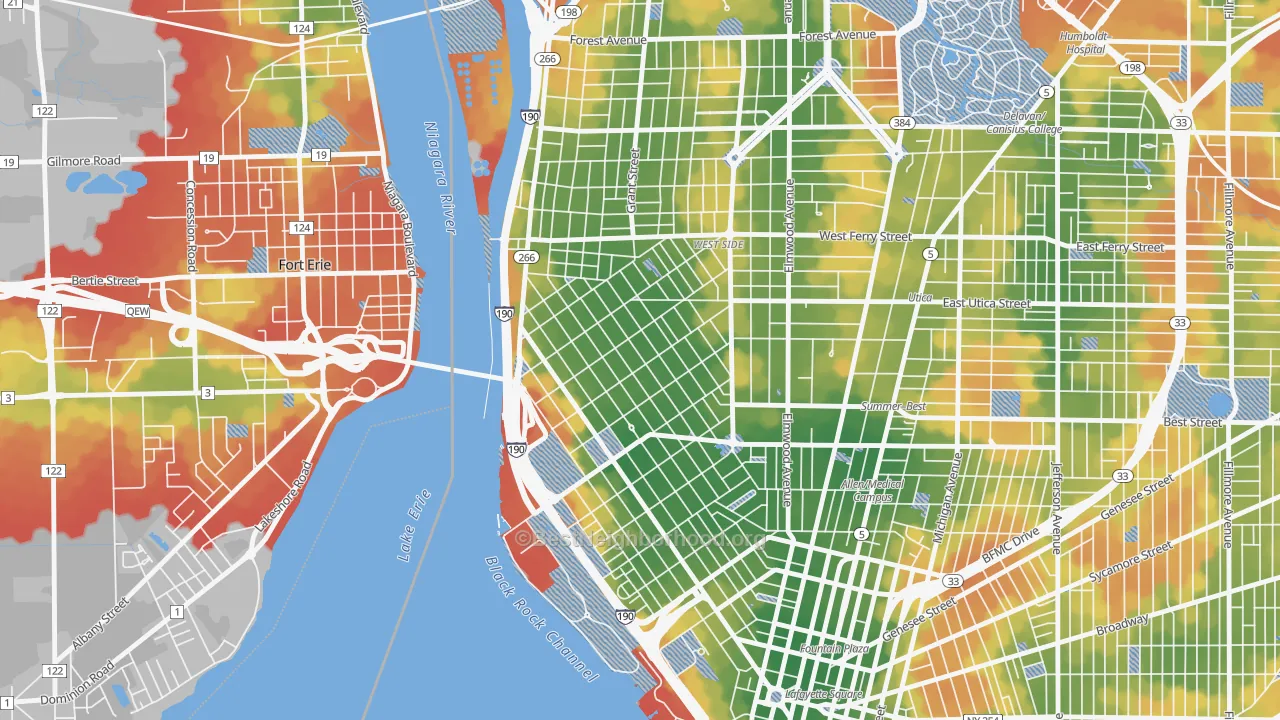 Walk Grade map of Front Park, Buffalo, NY, walkable areas in green and car-dependent areas in red