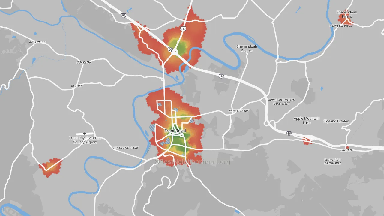 Walk Grade map of Front Royal, VA, walkable areas in green and car-dependent areas in red