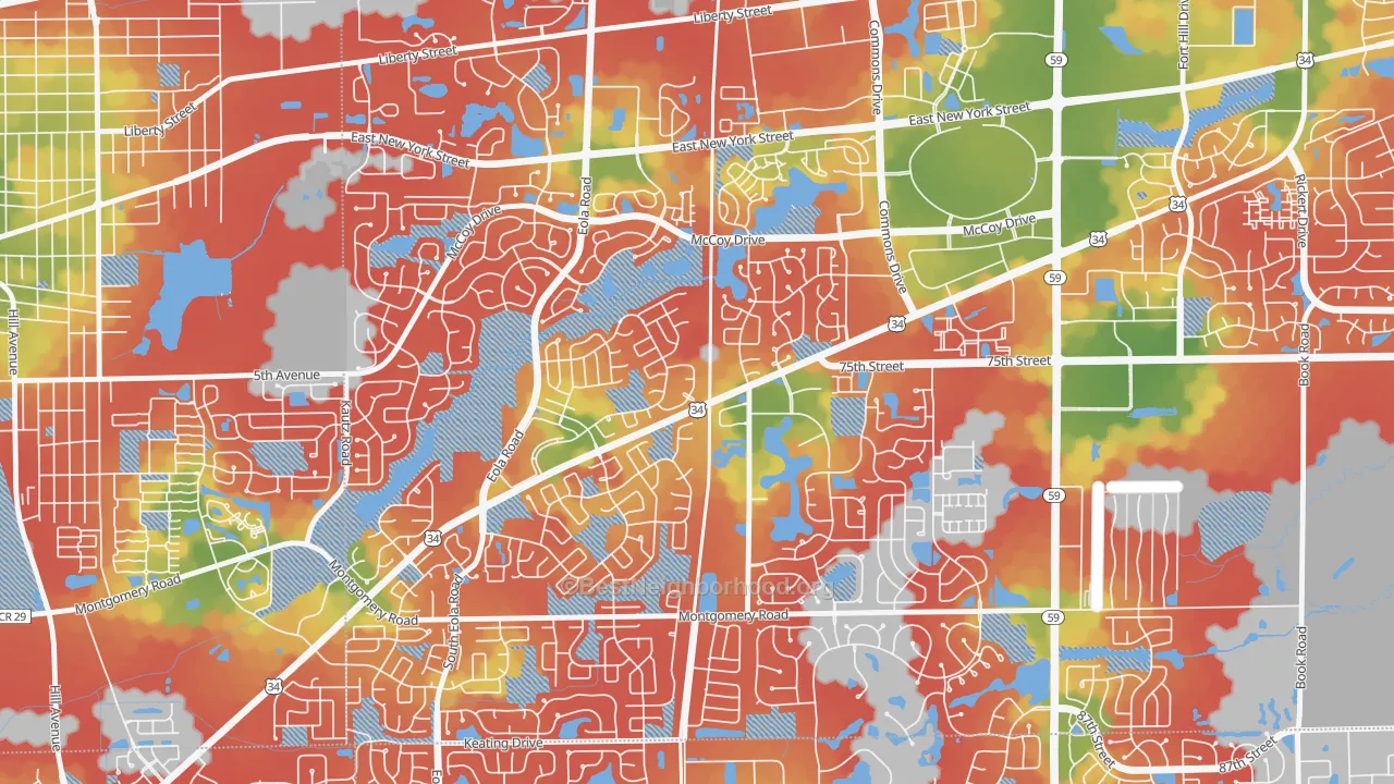 Walk Grade map of Frontenac, Aurora, IL, walkable areas in green and car-dependent areas in red