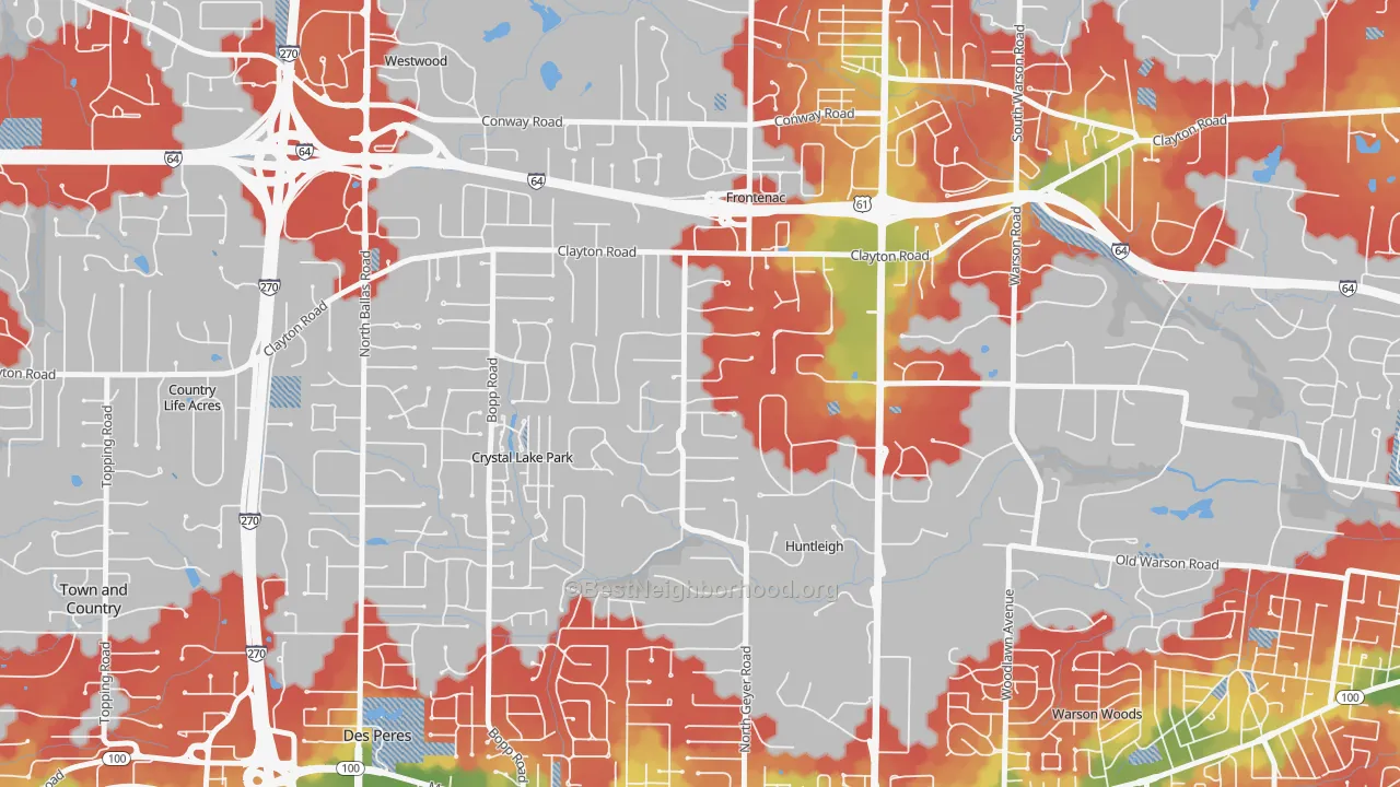 Walk Grade map of Frontenac, MO, walkable areas in green and car-dependent areas in red