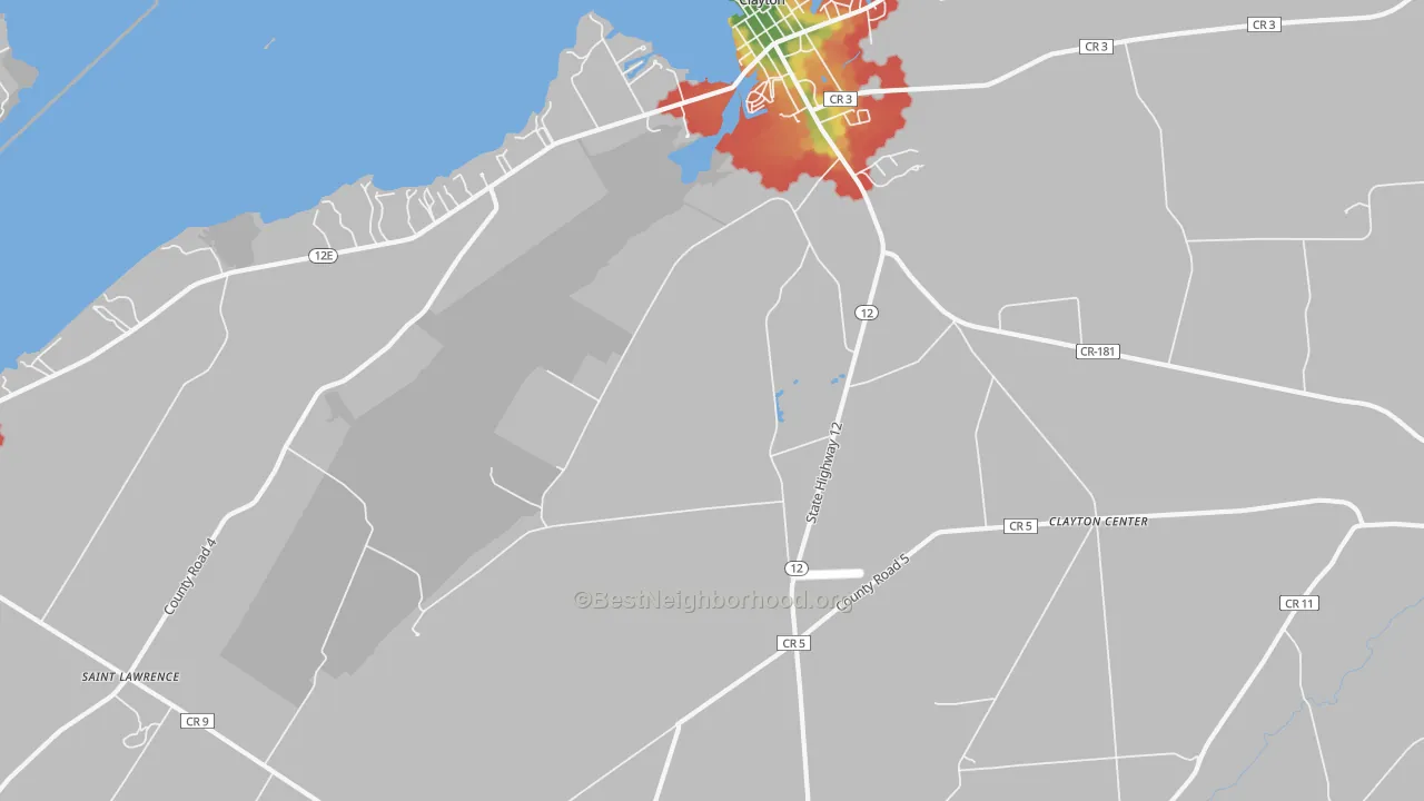 Walk Grade map of Frontenac, NY, walkable areas in green and car-dependent areas in red